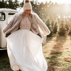 White crochet long sleeve pleated maxi dress